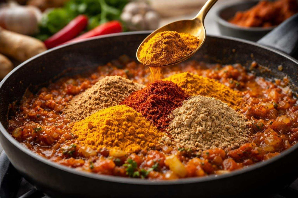 Assorted South African curry spices including turmeric, cumin, coriander, and cardamom in wooden bowls on a rustic surface