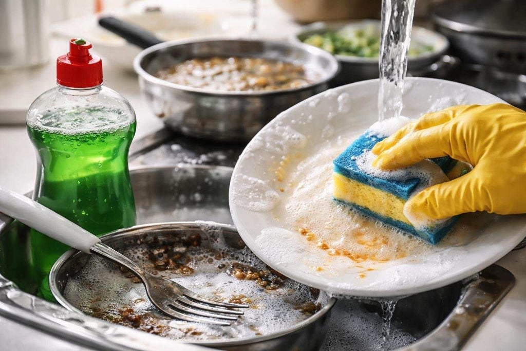 diagram showing how surfactants in soap for dishes remove grease and food residue