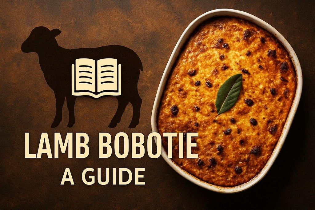 High-quality realistic photograph of authentic lamb bobotie dish with golden custard topping and spices