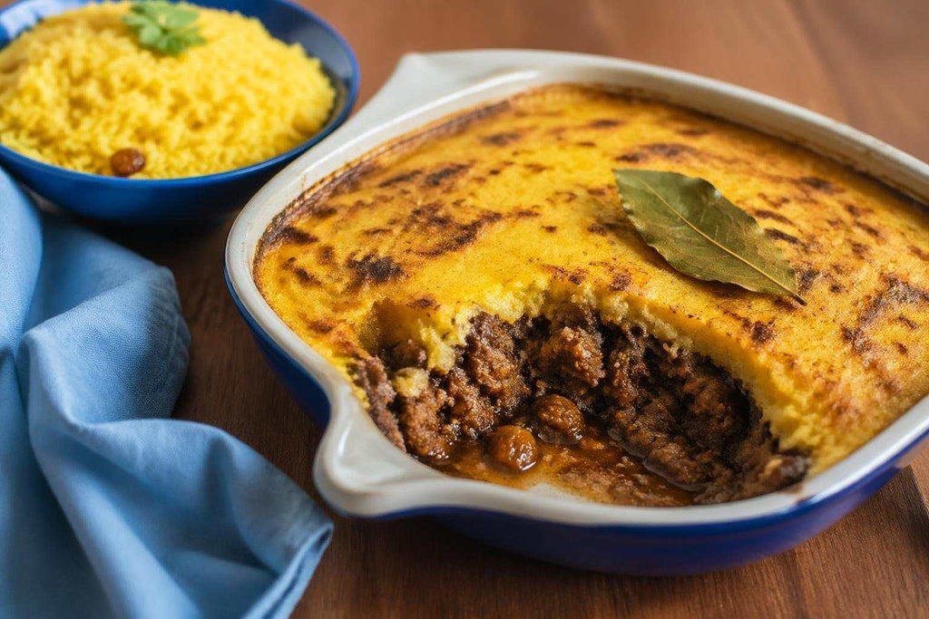Golden baked beef bobotie topped with spiced egg custard in a traditional South African dish
