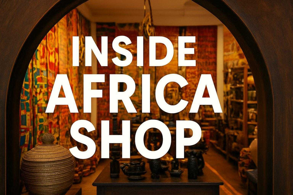 Exterior and interior view of Inside Africa Shop in New Zealand showcasing vibrant African cultural products and décor