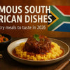 High-quality realistic photograph showcasing a colorful variety of famous South African dishes representing vibrant cuisine