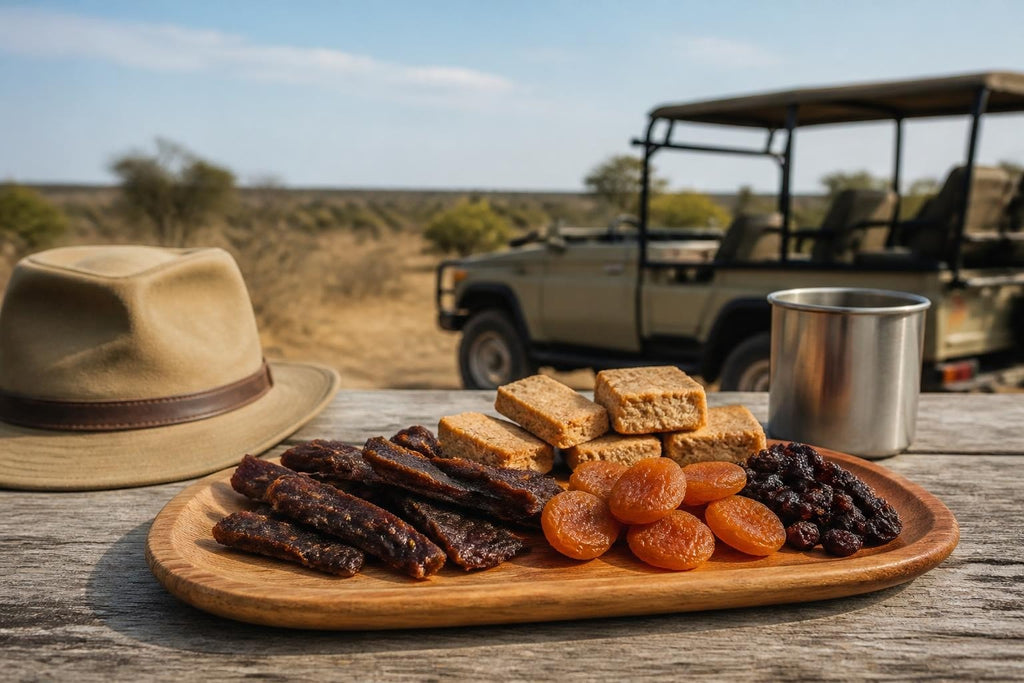 Safari Treats platter of dried meat, orange fruit and rusks on a wooden board, with a metal mug nearby