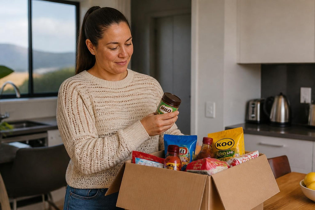 Grocery delivery box with South African Shops NZ pantry products, including Milo and KOO, held by a woman in a cream knit sweater.