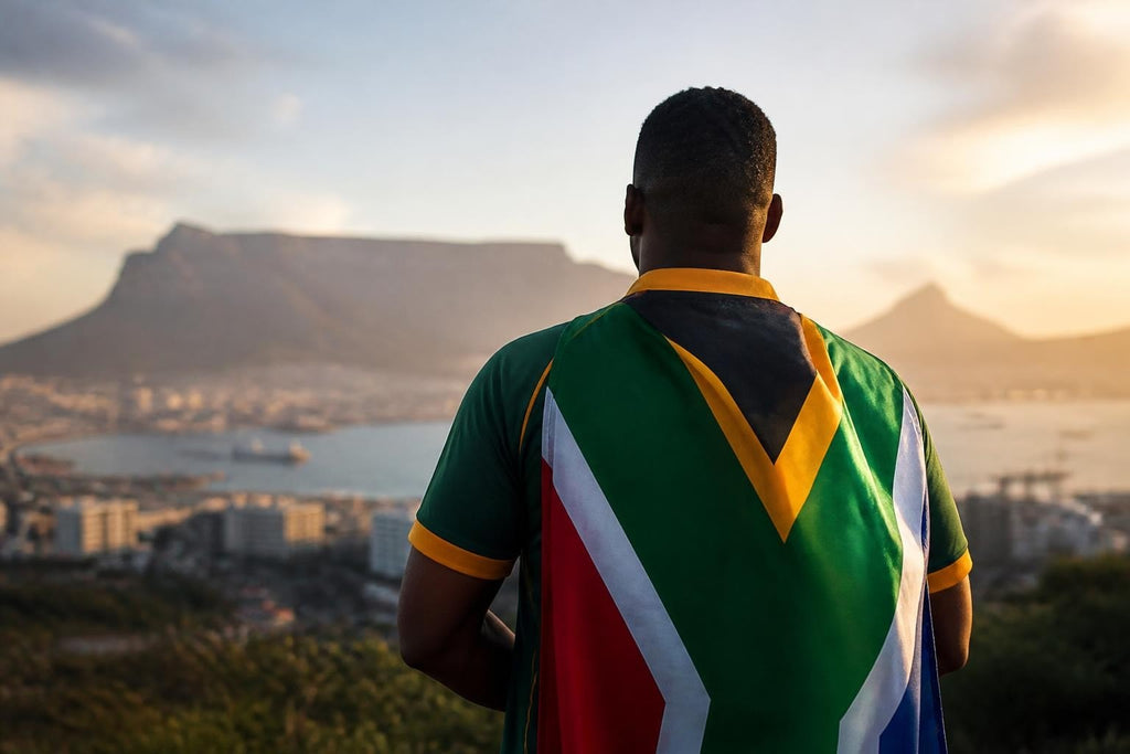 Springboks Jersey: History shown on a green rugby shirt with yellow trim and a bold South African flag design on the back
