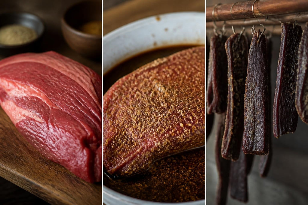 How to Make Biltong Recipe shows raw red beef, spice-coated meat, and dark dried biltong strips hanging on hooks.