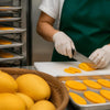 Mango Dried slices are bright orange and being cut by a gloved worker, with whole mangoes and drying trays nearby.