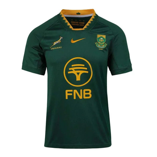 2026 FNB Springboks green and gold home stadium jersey with embroidered crest and Nike logo