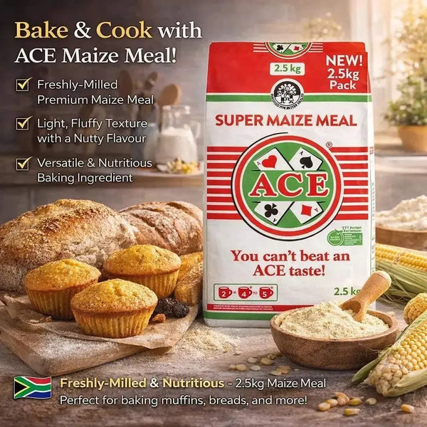 ACE Maize Meal 2.5kg pack with light, fluffy texture and nutty flavor for baking