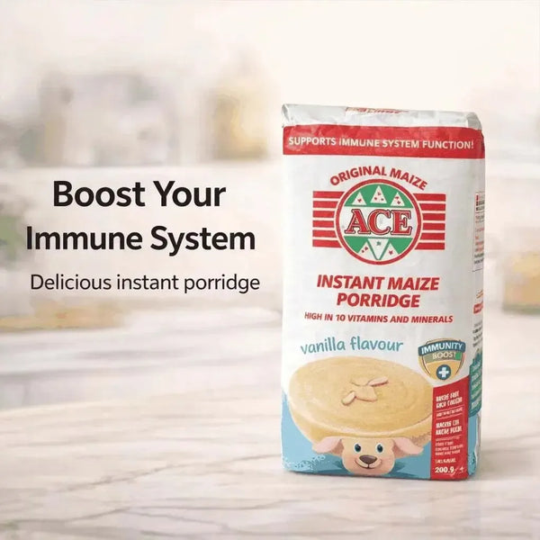 ACE Vanilla Instant Maize Porridge pack in a kitchen promotional image