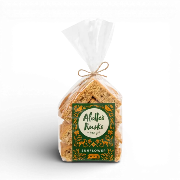 Alette's Rusks Bran Sunflower 450g pack with crunchy bran rusks and sunflower seeds in resealable packaging