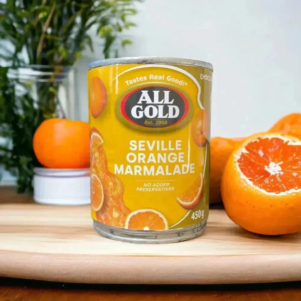 All Gold Marmalade Seville Orange 450g jar with bright orange marmalade spread