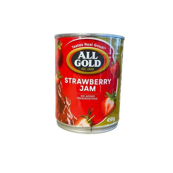 Jar of All Gold Strawberry Jam 450g with fresh fruit and easy-open lid