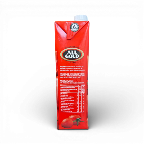 All Gold Tomato Juice 1 litre carton with rich natural tomato flavor, preservative-free and versatile for cooking and drinking