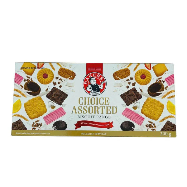 Bakers Choice Assorted - 200g biscuit box with an array of cream-filled cookies.