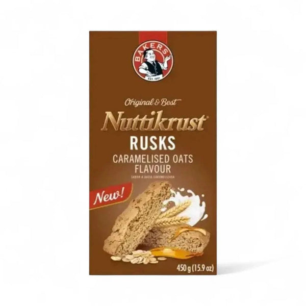 Bakers Nuttikrust caramelised oats flavour rusks pack 450g brown box with crunchy rusk slices and oats illustration