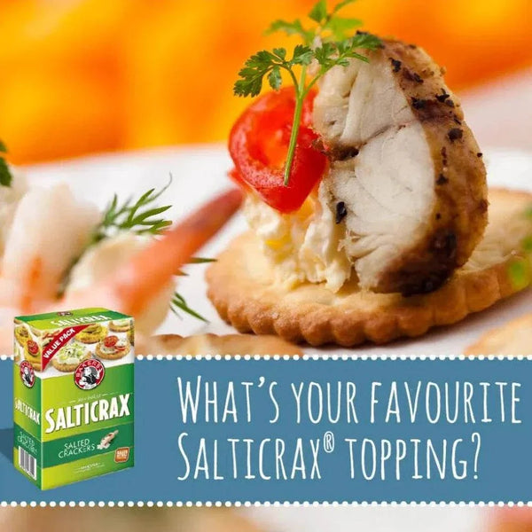 Bakers Salticrax Salted Crackers 200g with toppings and packaging.