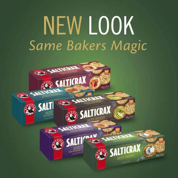 Bakers Salticrax Salted Crackers - 200g, assorted packaging, new look, salty snack.