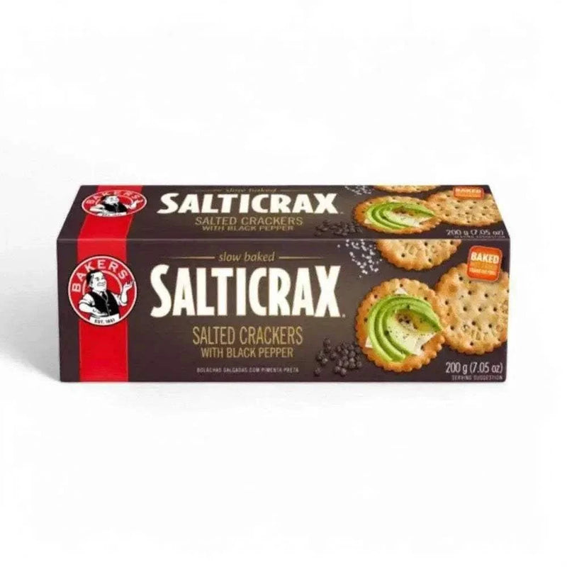 Bakers Salticrax Black Pepper Crackers 200g pack with slow-baked crispy texture and black pepper flavor
