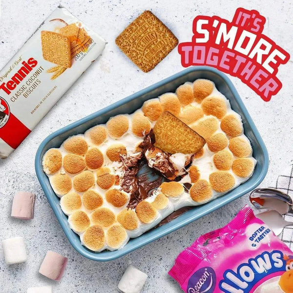 Tennis Biscuits topped dessert with toasted marshmallows, highlighting versatile use.