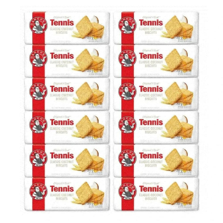 Pack of 12 Bakers Tennis Biscuits with classic coconut flavor and crispy texture