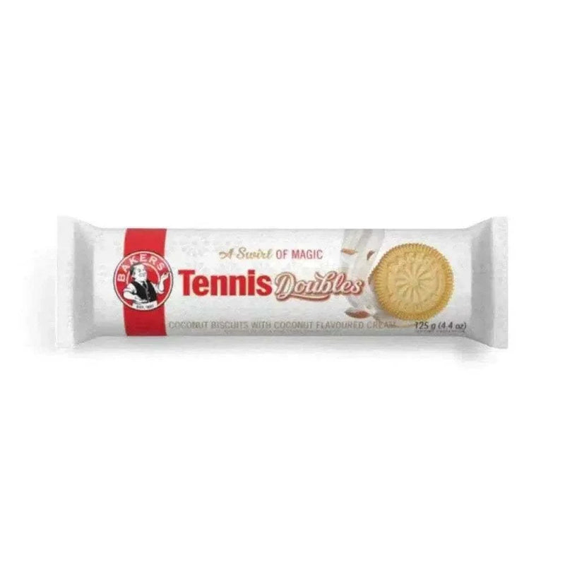 Bakers Tennis Doubles Coconut Biscuits 125g pack with coconut cream filling on white background.