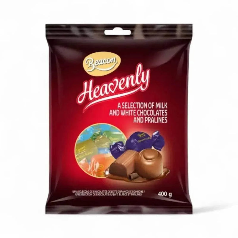 Beacon Chocolate Bag Heavenly Selection 400g with assorted milk, white chocolates, and pralines in individually wrapped pieces.