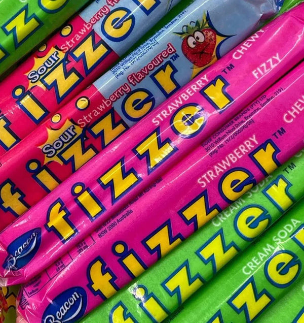 Beacon FIZZER Cream Soda and Strawberry chewy candy packs, vibrant packaging, pack of 24, fizzers.