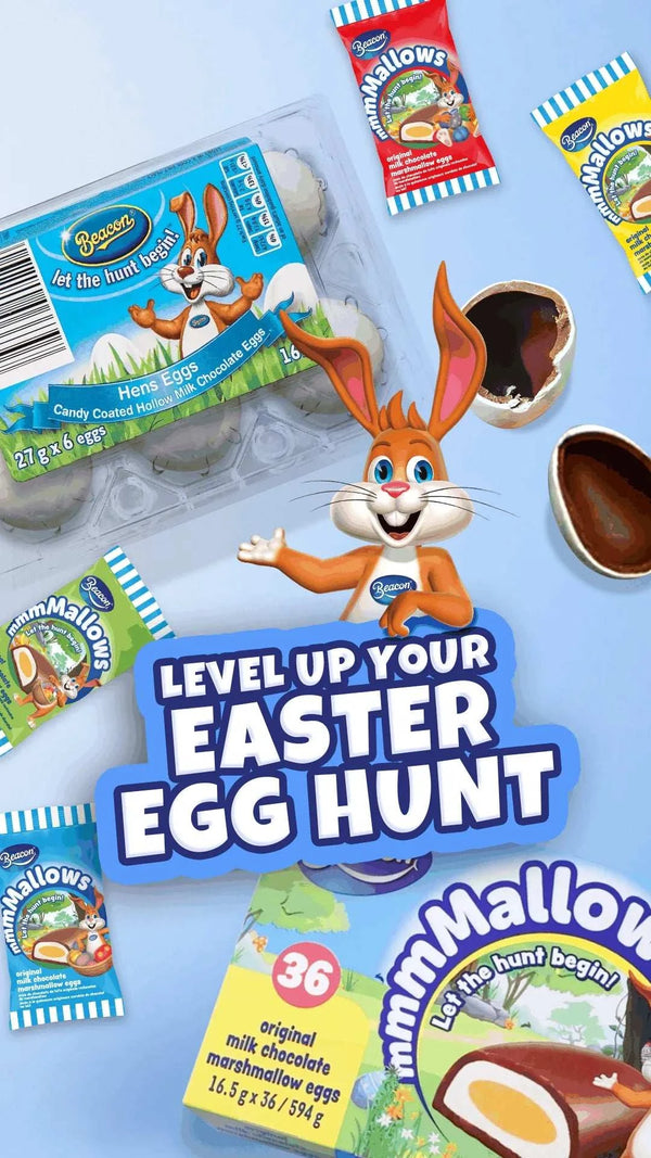 Beacon Marshmallow Easter Eggs - 36's with milk chocolate coating, ideal for Easter egg hunts in New Zealand.