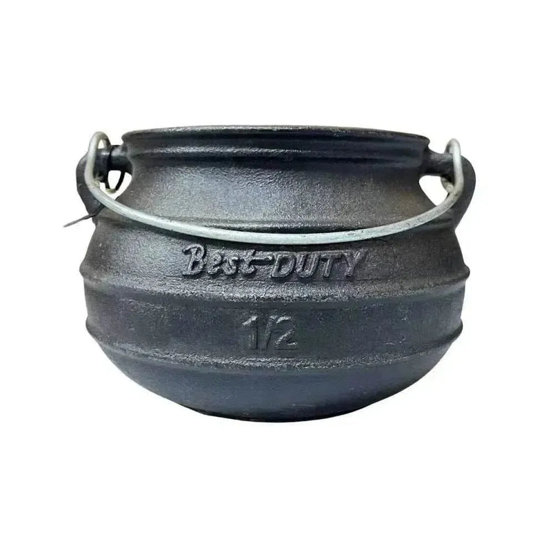Best Duty Potjie cast iron flat pot with lid and handle, 1.7L capacity for traditional cooking over open fires