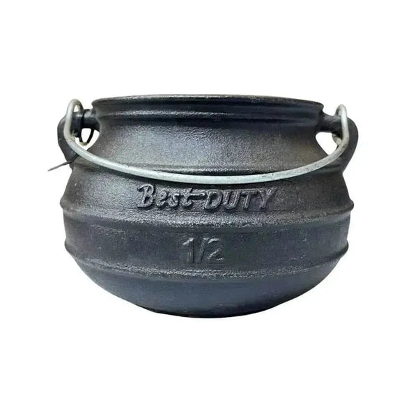 Best Duty Potjie cast iron flat pot with lid and handle, 1.7L capacity for traditional cooking over open fires