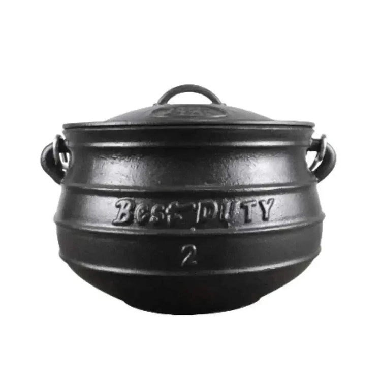 Cast iron Best Duty Potjie flat-bottom pot with lid and handle, 6.0L capacity for versatile cooking
