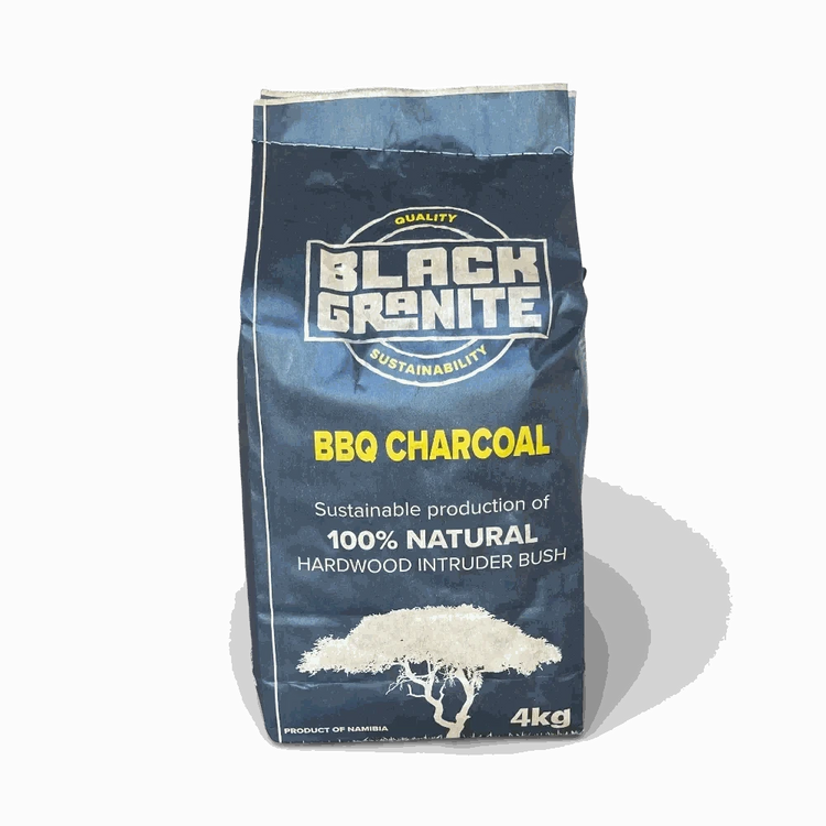 4kg bag of Black Granite Charcoal made from 100% natural hardwood, ideal for South African braais with long-lasting, low-smoke heat