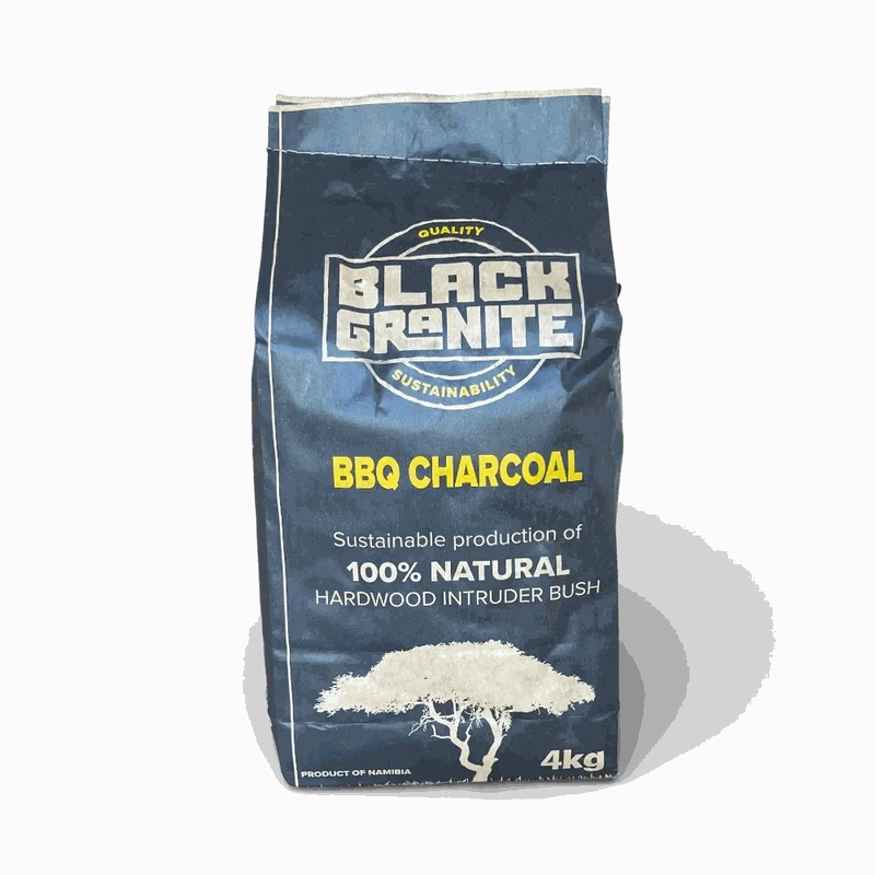 4kg bag of Black Granite Charcoal made from 100% natural hardwood, ideal for South African braais with long-lasting, low-smoke heat