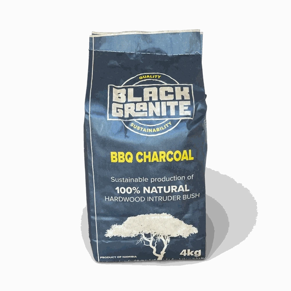 4kg bag of Black Granite Charcoal made from 100% natural hardwood, ideal for South African braais with long-lasting, low-smoke heat