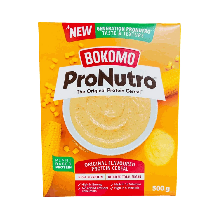 Bokomo ProNutro Original 500g protein cereal box with nutritional info and product details