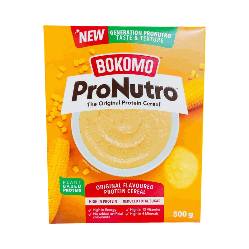 Bokomo ProNutro Original 500g protein cereal box with nutritional info and product details