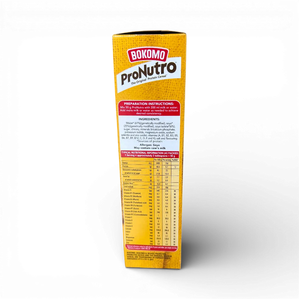 Bokomo ProNutro original protein cereal 500g box with nutritional info and vitamins