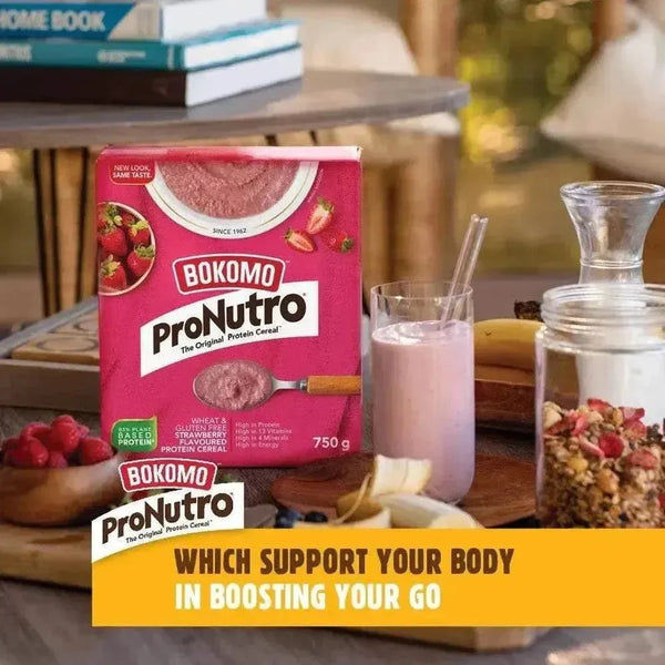 Bokomo ProNutro Strawberry cereal 500g pack showing nutritious protein breakfast option