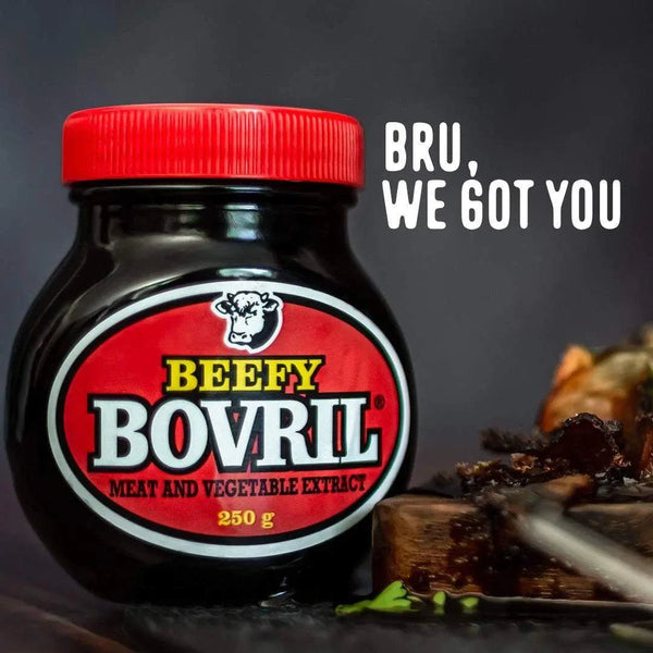 Beefy Bovril 250g jar with a red lid, showcasing robust beef and yeast extract.