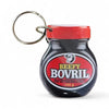 Miniature resin keyring designed as a Bovril jar with a red lid and metal keyring attachment.