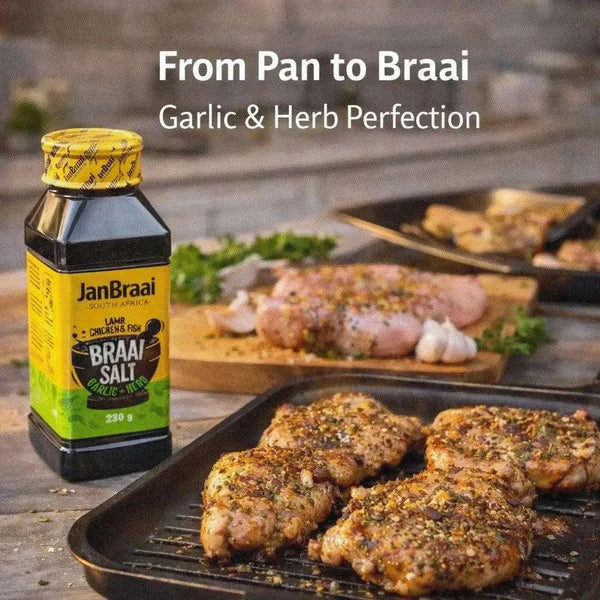 Jan Braai Braai Salt Garlic Herb 230g shaker bottle for seasoning meats vegetables