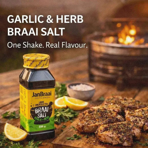Jan Braai Braai Salt Garlic Herb 230g shaker bottle for seasoning meats and vegetables