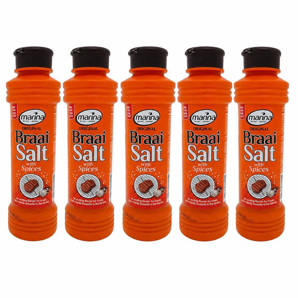 Pack of 5 Marina Original Braai Salt 400g shaker bottles with seasoned sea salt and spices for braaiing and grilling