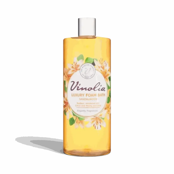 Vinolia Foam Bath 1L bottle with sandalwood fragrance for luxurious bubble bath