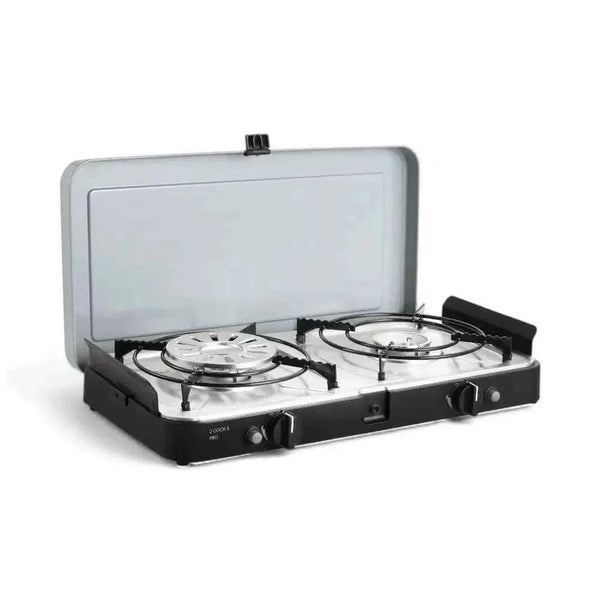 CADAC 2 Cook 3 Pro Deluxe portable gas barbecue with dual burners and ceramic-coated plates for outdoor cooking