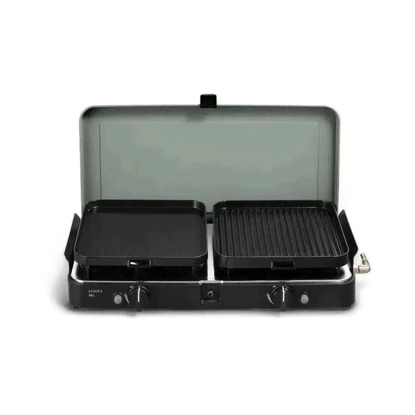 CADAC 2 Cook 3 Pro Deluxe portable dual burner gas barbecue with flat and ribbed plates for outdoor cooking