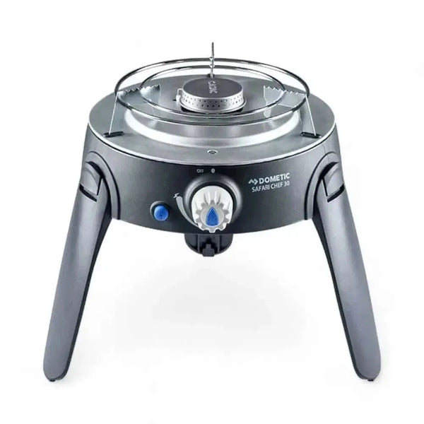 Portable CADAC Safari CHEF 30 Cooker with foldable legs and interchangeable cooking surfaces.