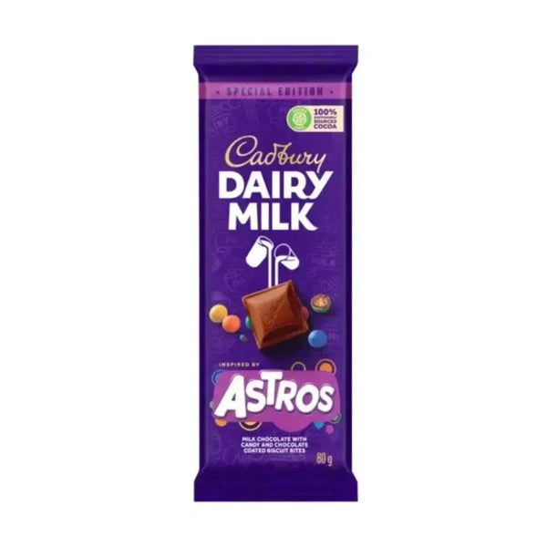 Cadbury Dairy Milk Astros 80g chocolate slab with creamy chocolate and crunchy biscuit pieces