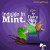 Cadbury Dairy Milk Mint Crisp chocolate bar with mint leaves and chocolate splash.